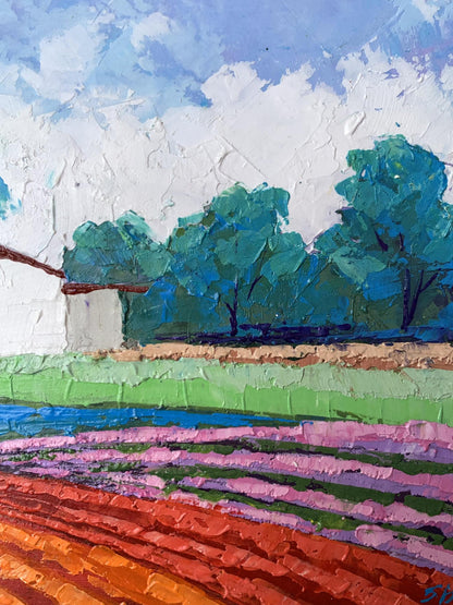 Oil painting House among the Trees by V. Zadorozhnya, vibrant pink fields