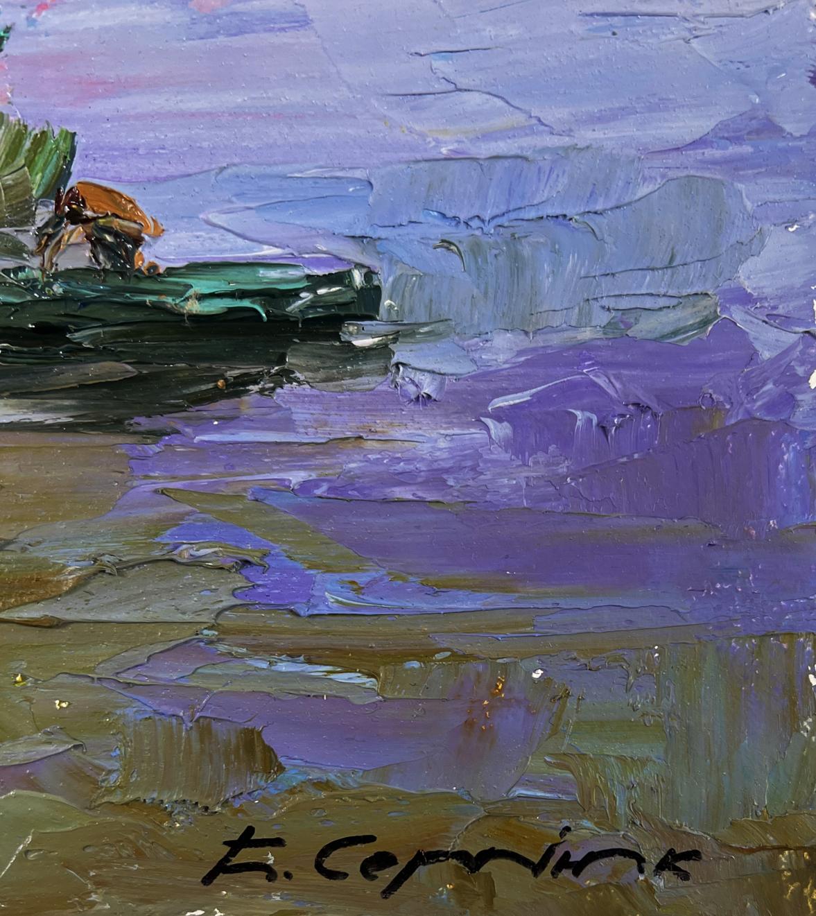 Oil painting Thoughts of a lonely fisherman by Boris Serdyuk: orange green boat on purple water