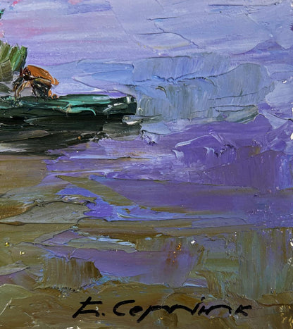 Oil painting Thoughts of a lonely fisherman by Boris Serdyuk: orange green boat on purple water