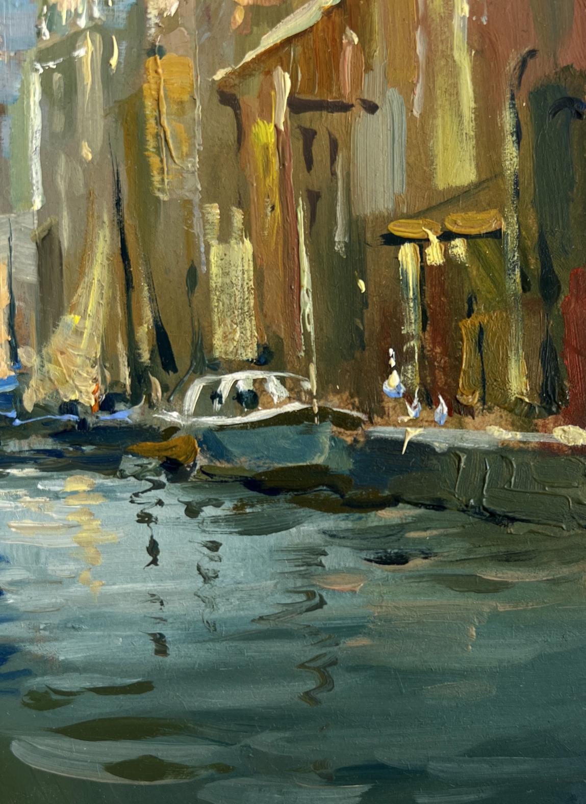 Oil painting Reflection of Venice by Yuriy Suprunchuk: white boat in calm water