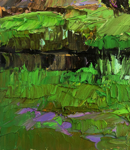 Vibrant green purple impasto Quiet autumn in sun rays oil painting by Boris Serdyuk