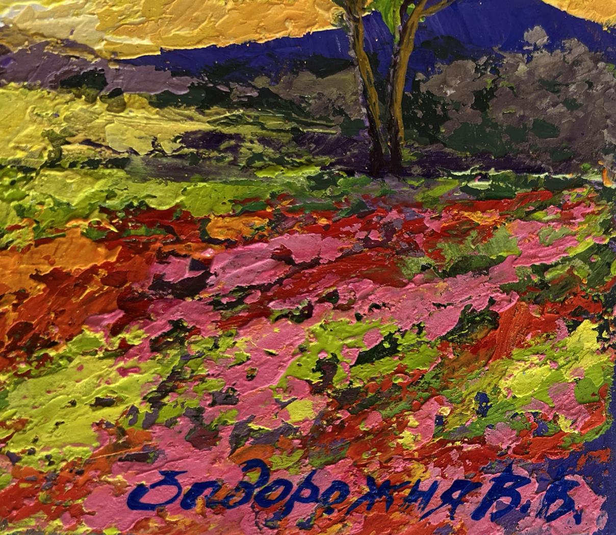 Vibrant impressionist oil painting Setting sun in the field by V. Zadorozhnya