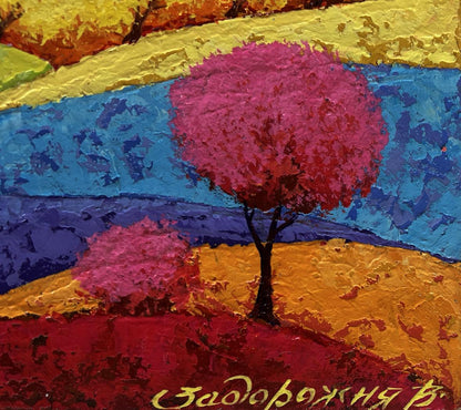 Oil painting Autumn forest in fading day light by V. Zadorozhnya