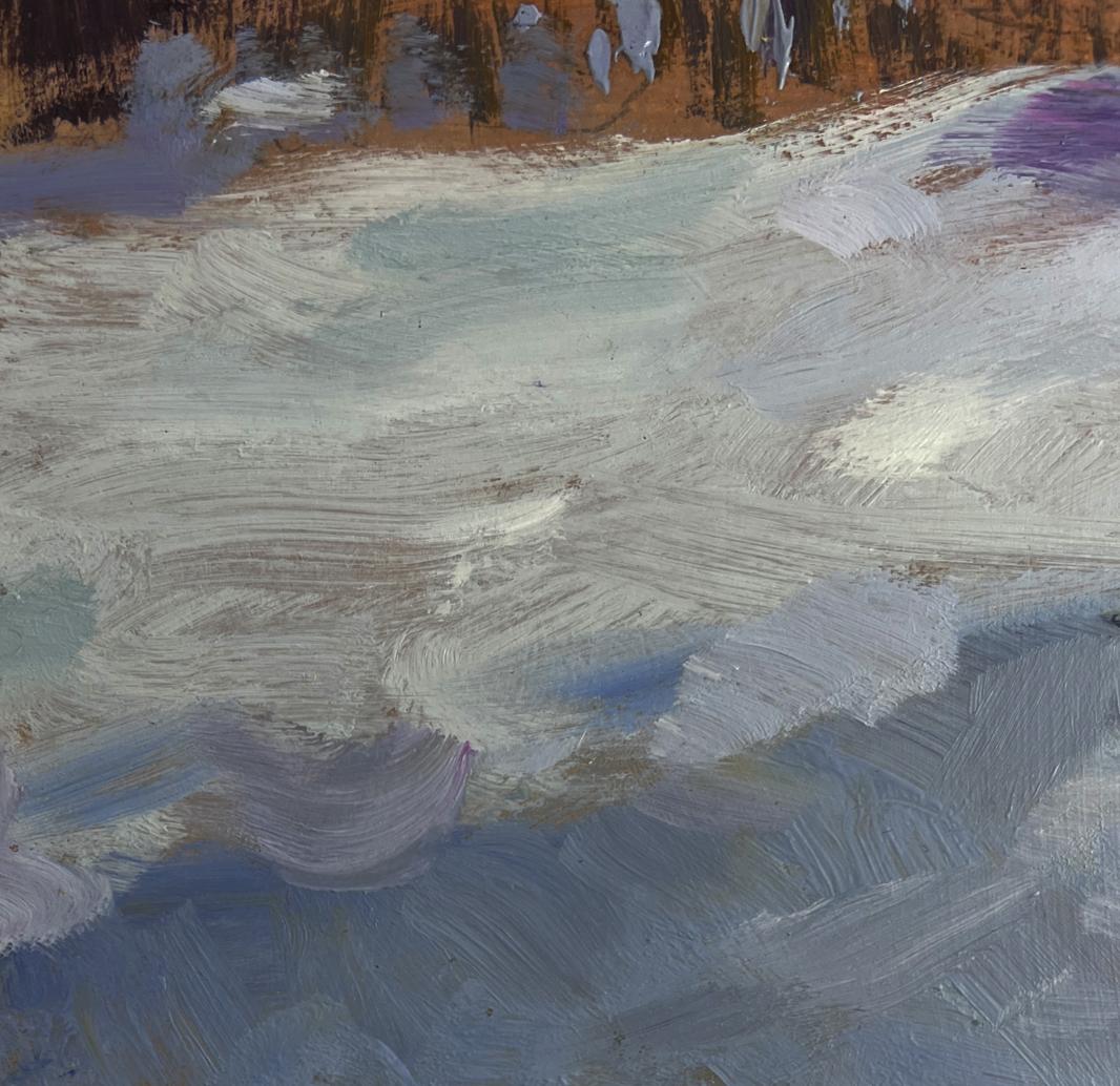 Large oil painting of snow drifts by Yuriy Suprunchuk in white, gray, blue