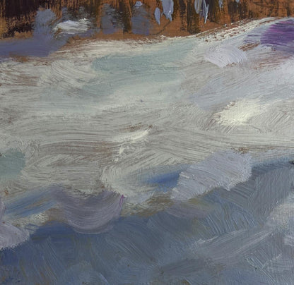 Large oil painting of snow drifts by Yuriy Suprunchuk in white, gray, blue