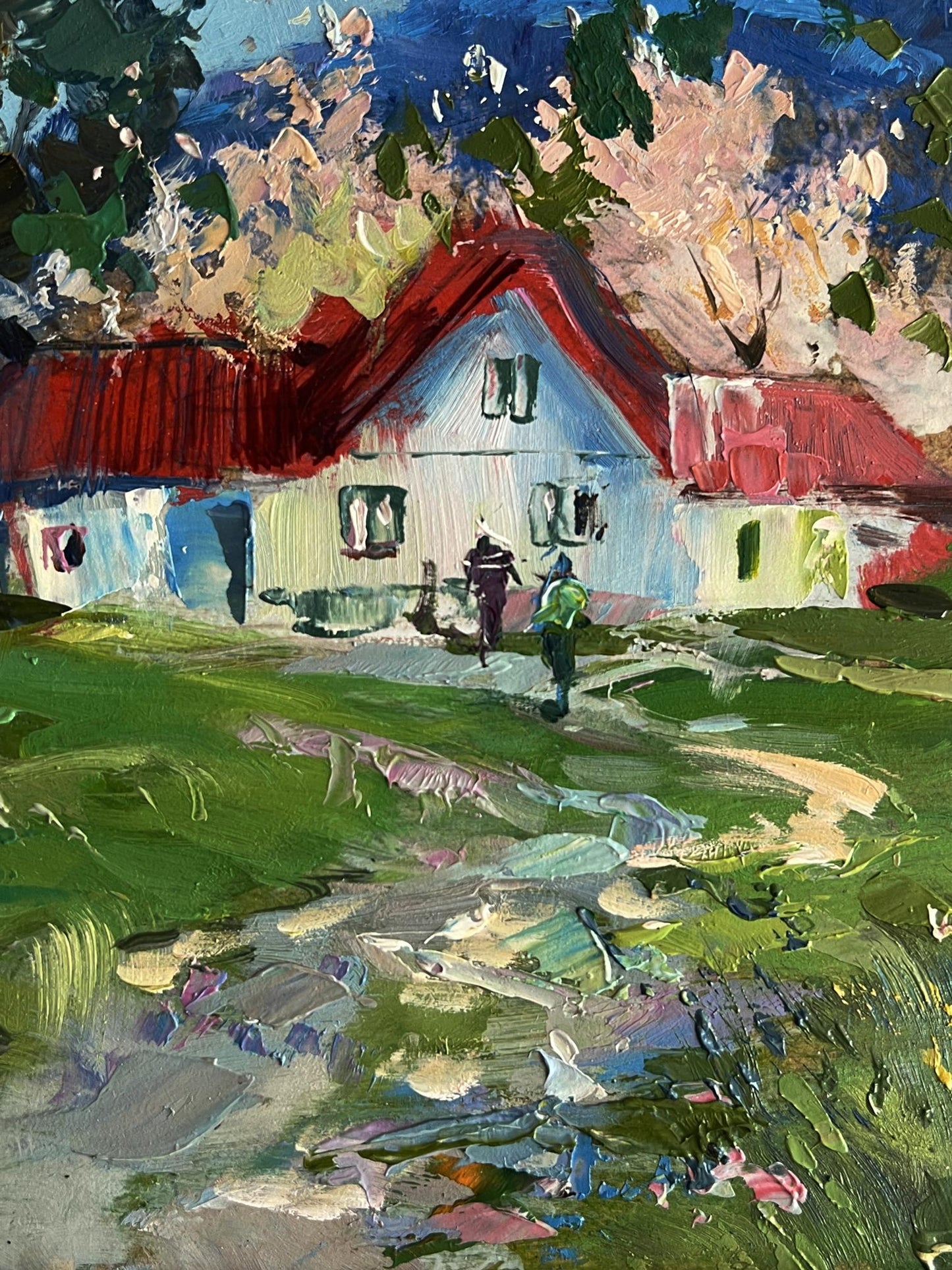 Vibrant impressionistic oil painting by Yuriy Suprunchuk of blooming trees in garden with white house