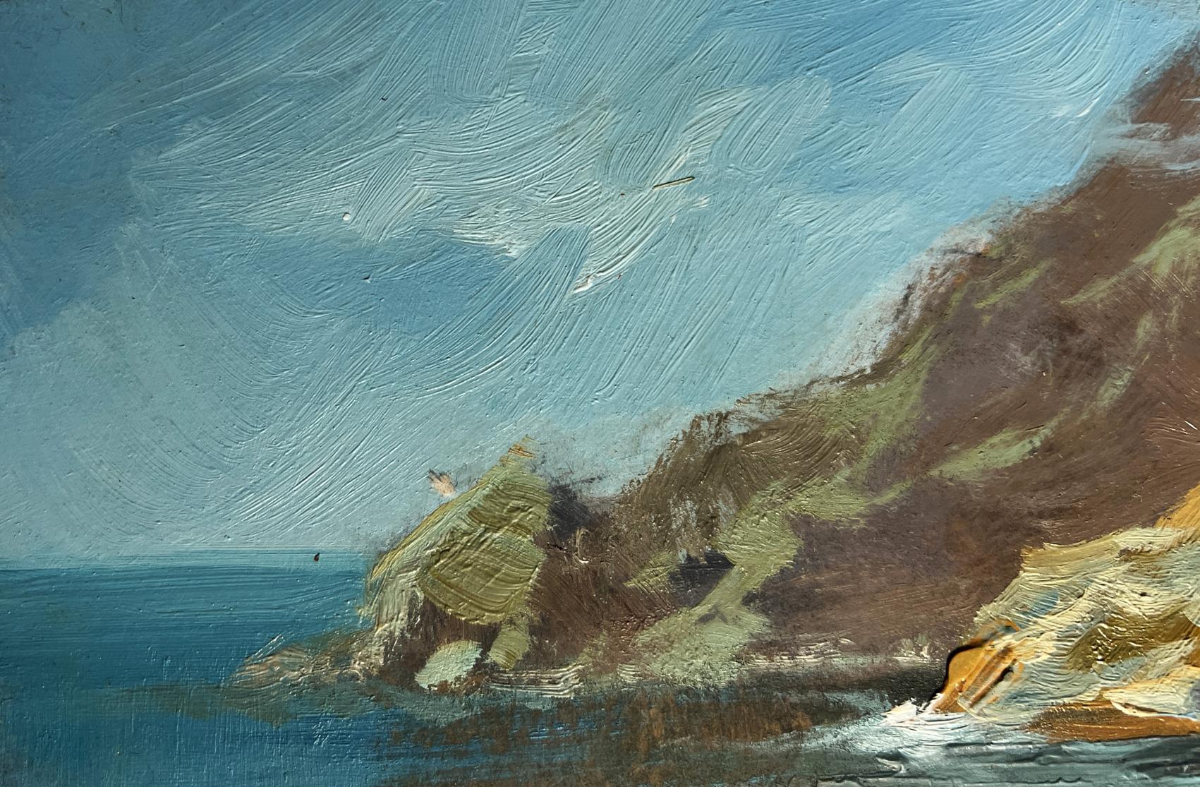 Oil painting Dream of the Sea and Mountains by Yuriy Suprunchuk, coastal cliffside