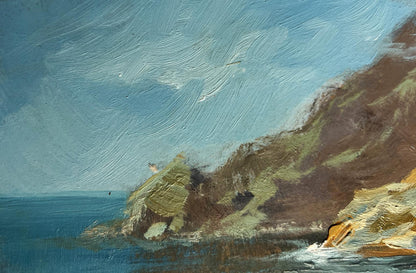 Oil painting Dream of the Sea and Mountains by Yuriy Suprunchuk, coastal cliffside