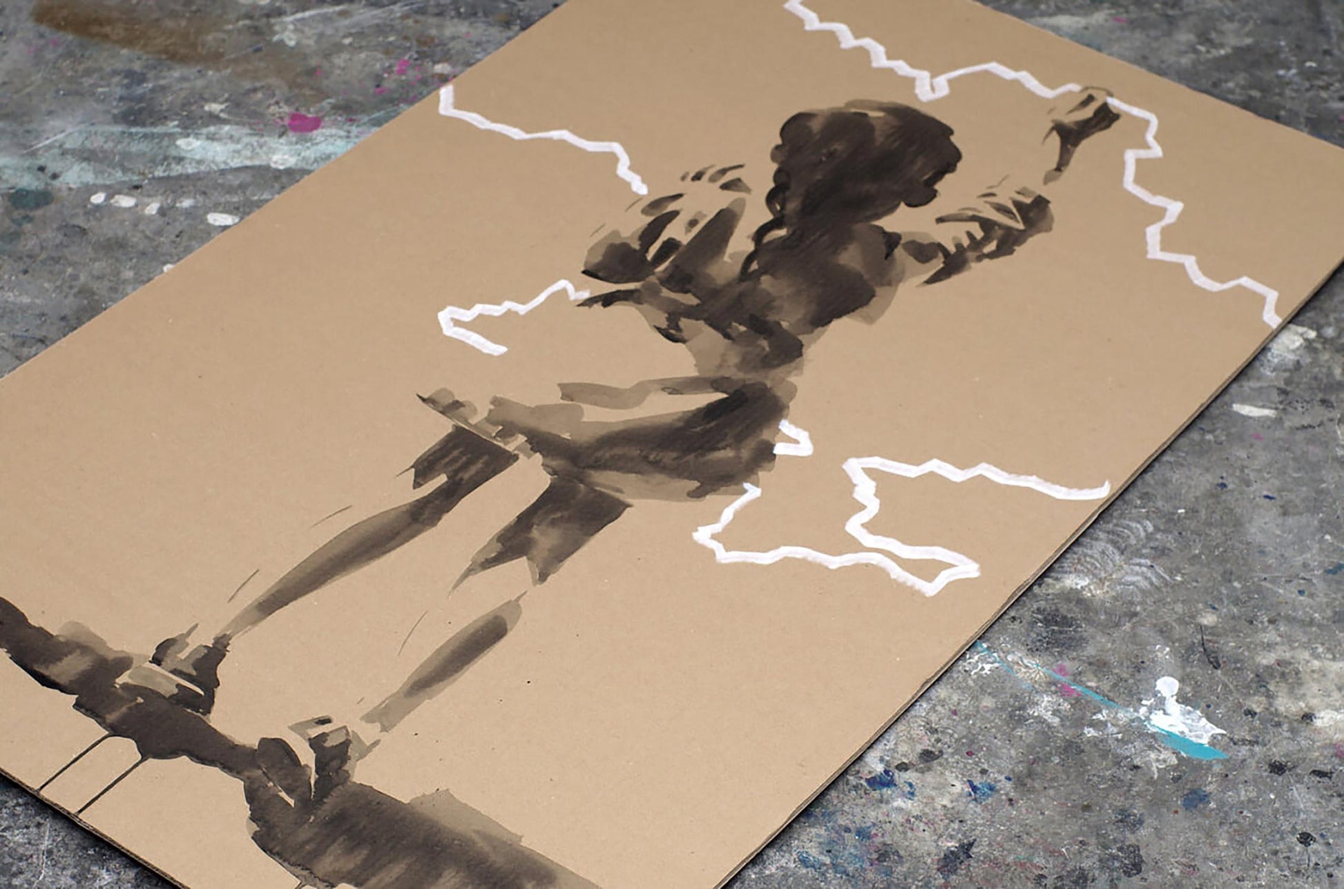 Brown cardboard canvas with stencil graffiti figure in white lightning bolts by Dima Filatov