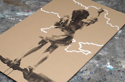 Brown cardboard canvas with stencil graffiti figure in white lightning bolts by Dima Filatov