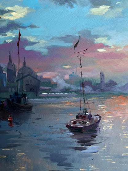 Oil painting of romantic sailing boat by Yuriy Suprunchuk at twilight