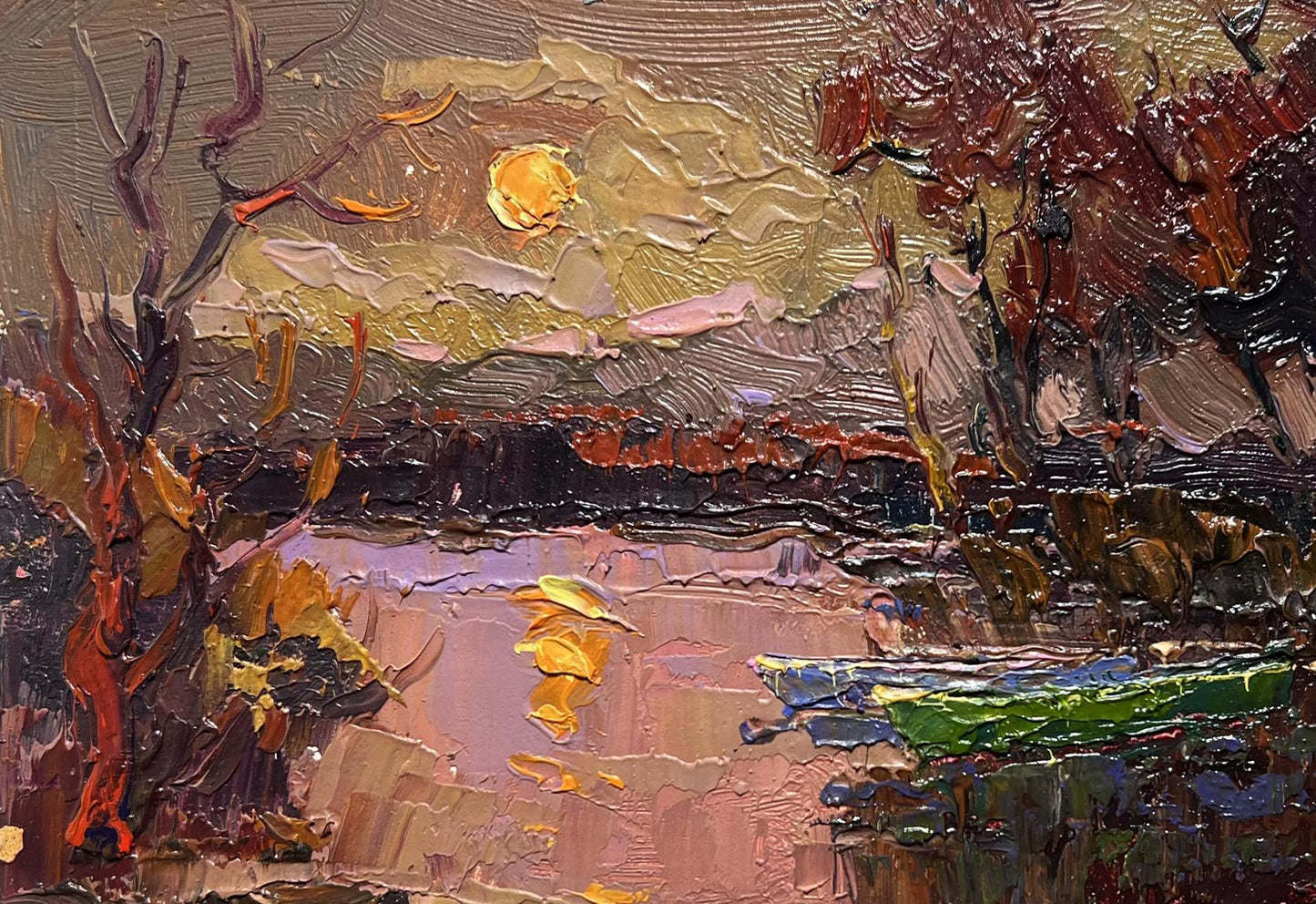 Oil painting Monthly Reflection by Oksana Ivanyuk: serene autumn landscape