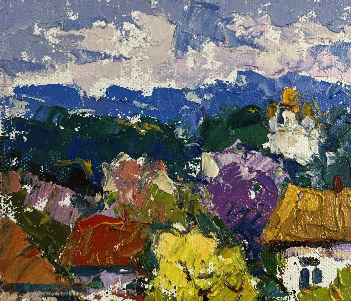 Vibrant impressionist oil painting of Oksana Ivanyuk village with colorful rooftops