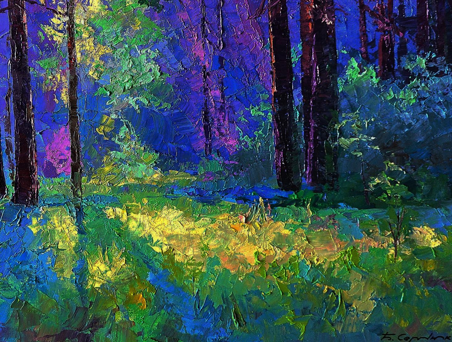 Vibrant impressionist forest oil painting by Boris Serdyuk with bold strokes