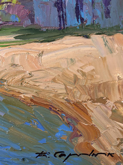 Textured impasto oil painting of Summer river bank by Boris Serdyuk