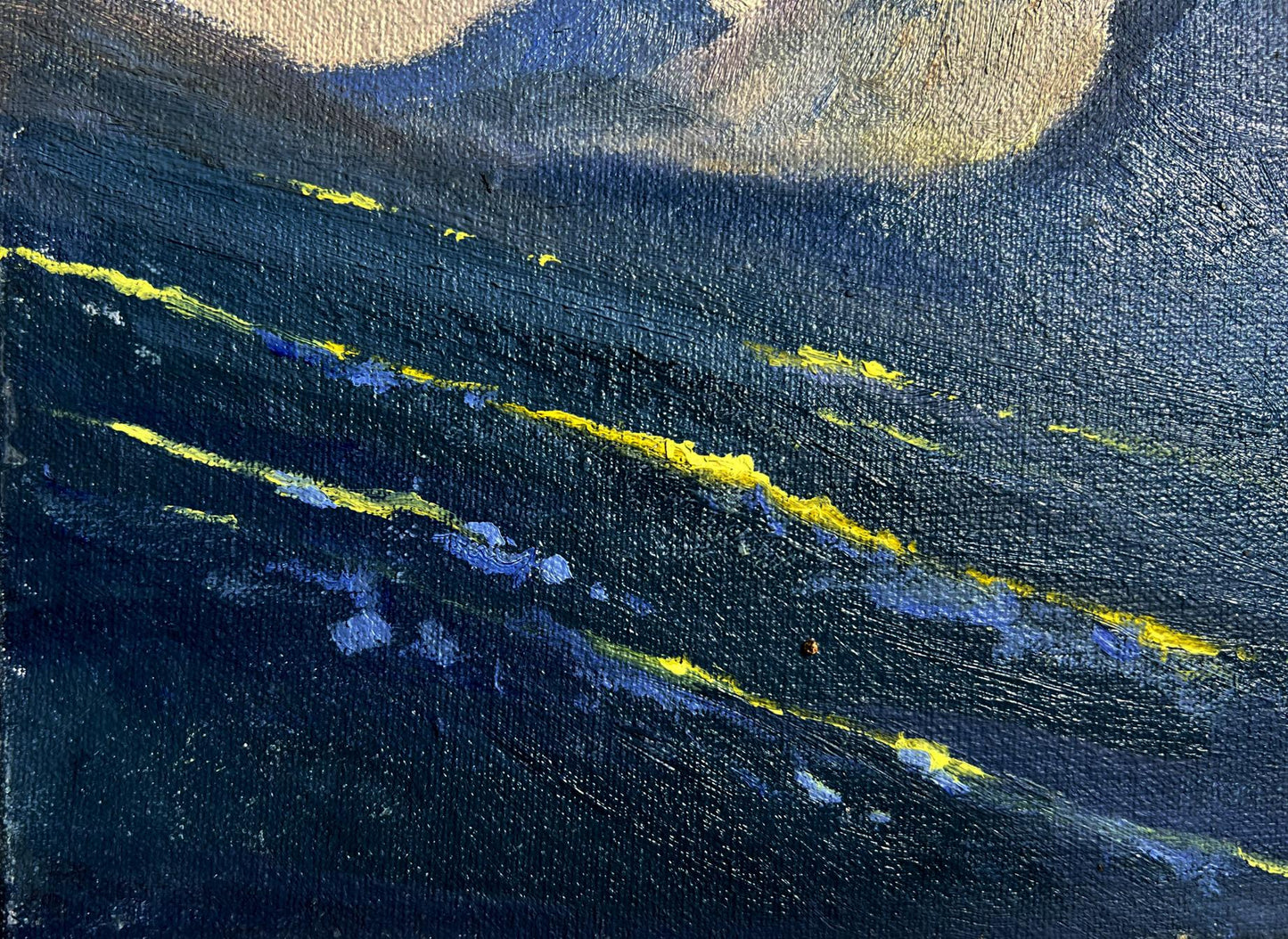 Oil painting Overlooking snow-capped mountains by Tatyana Derdey, blue and yellow strokes