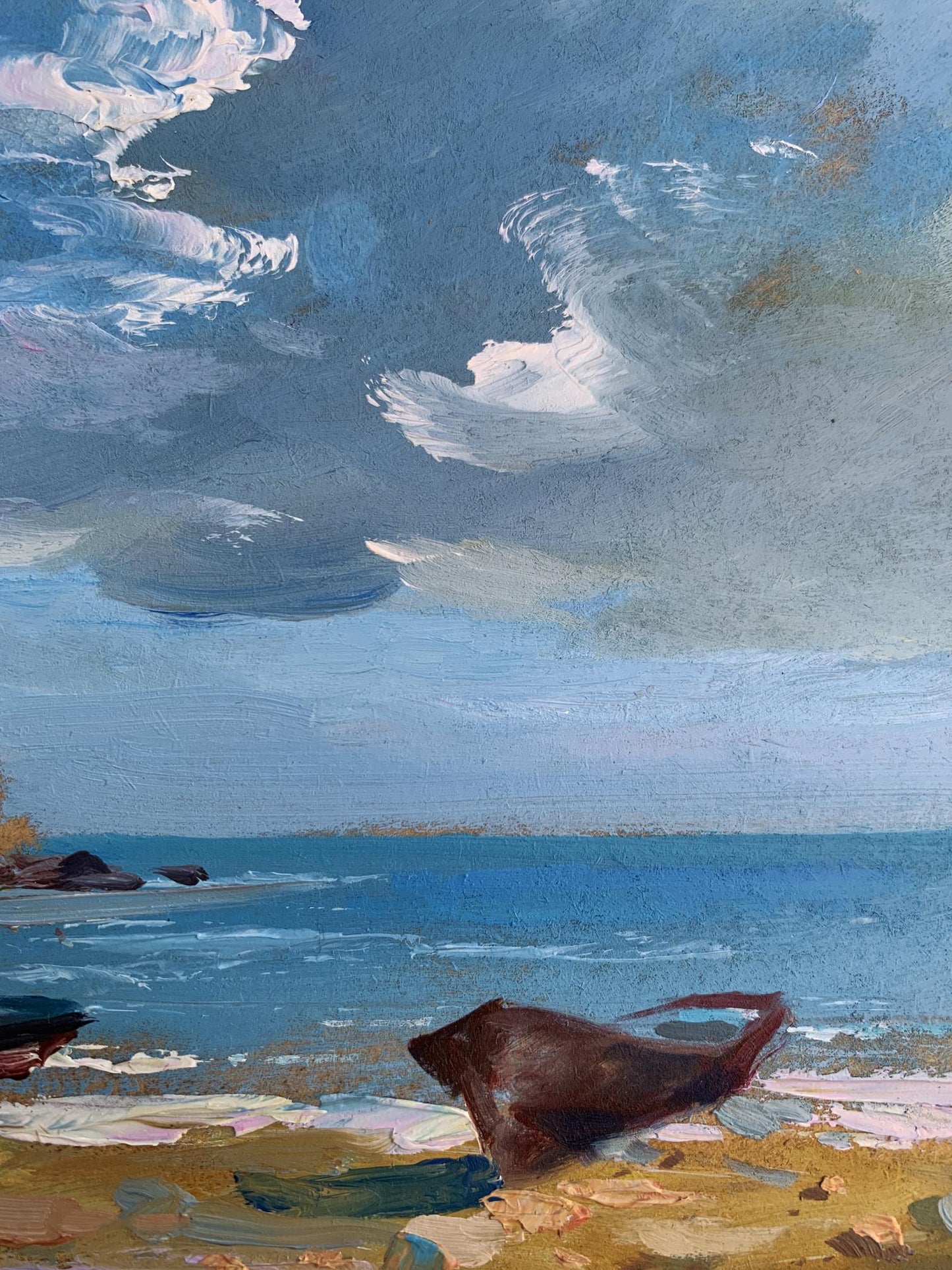 Textured oil painting of weathered boat on sandy shore by Yuriy Suprunchuk
