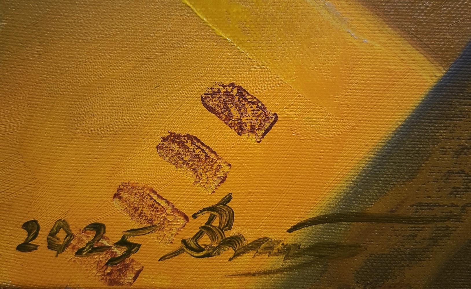 Oil painting back: Golden-yellow canvas with 2025 signature by Sergiy Voichenko