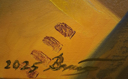 Oil painting back: Golden-yellow canvas with 2025 signature by Sergiy Voichenko