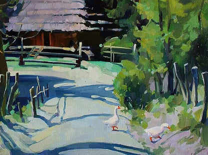Oil painting by Anastasia Yaroshevich: geese on snowy path by stream