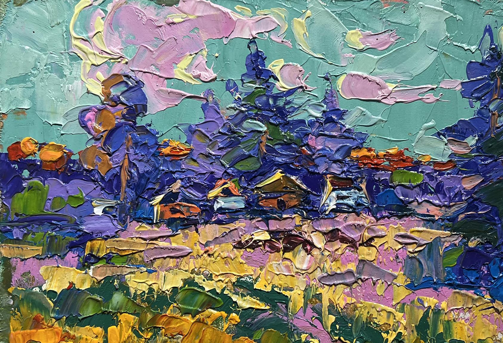 Vibrant impressionist oil painting of village in shade of trees by Oleksiy Ivanyuk