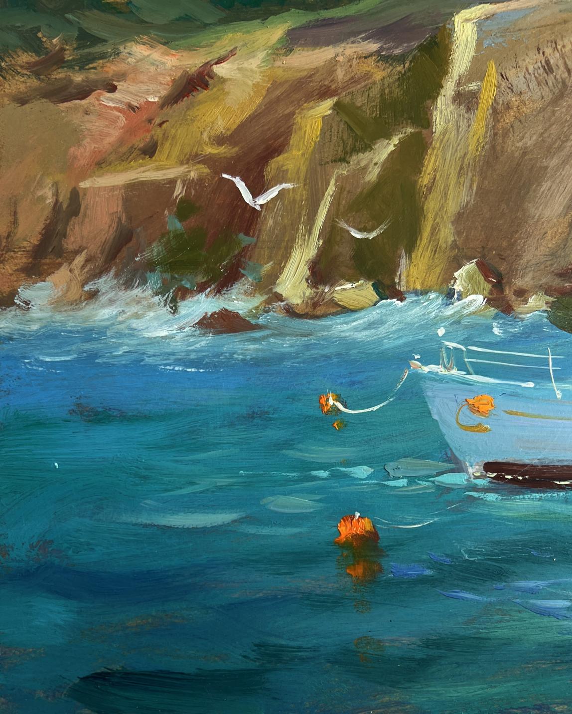 Oil painting by Yuriy Suprunchuk: light blue boat with orange buoys in turquoise water by cliff