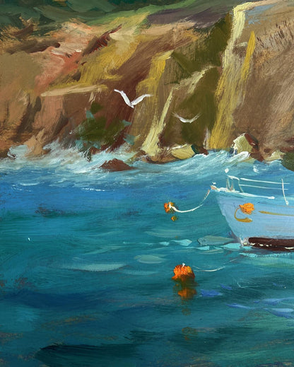 Oil painting by Yuriy Suprunchuk: light blue boat with orange buoys in turquoise water by cliff