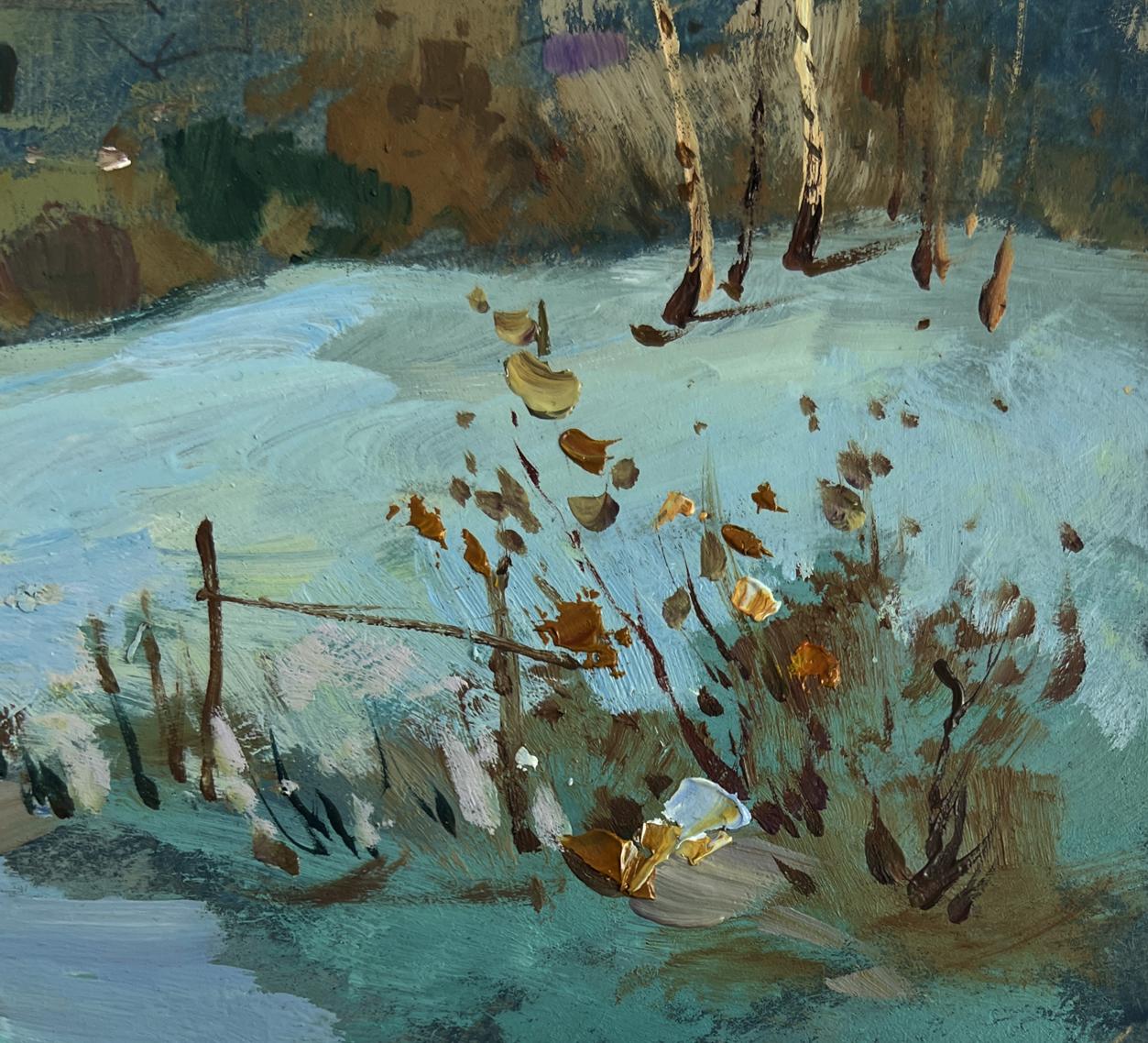 Oil painting of sunset behind village with snowy birch trees by Yuriy Suprunchuk