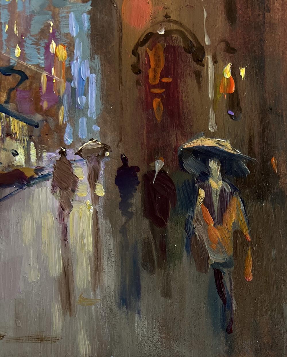 Oil painting Dynamics of urban life by Yuriy Suprunchuk: rainy night street scene