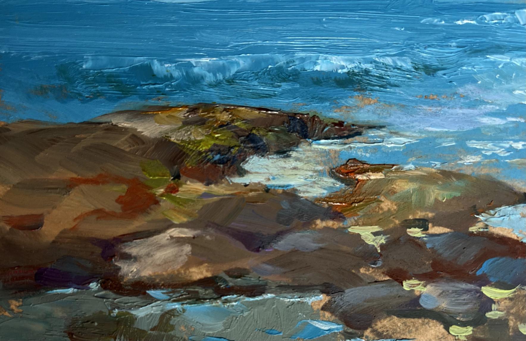 Oil painting Sea horizon by Yuriy Suprunchuk: rocky shoreline with crashing waves