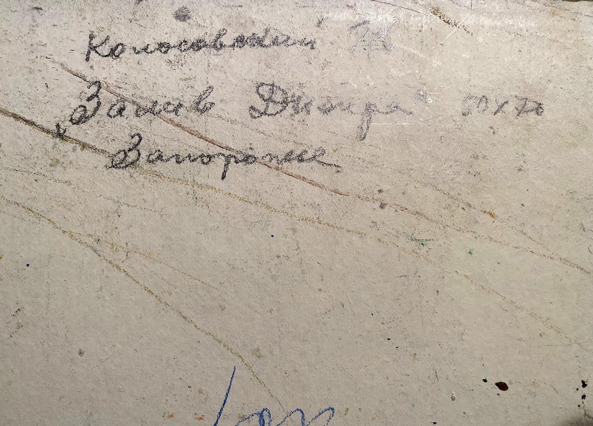 Back of weathered off-white ceramic plate with faded cursive, Oil painting Dnieper Bay Georgy Kolosovsky