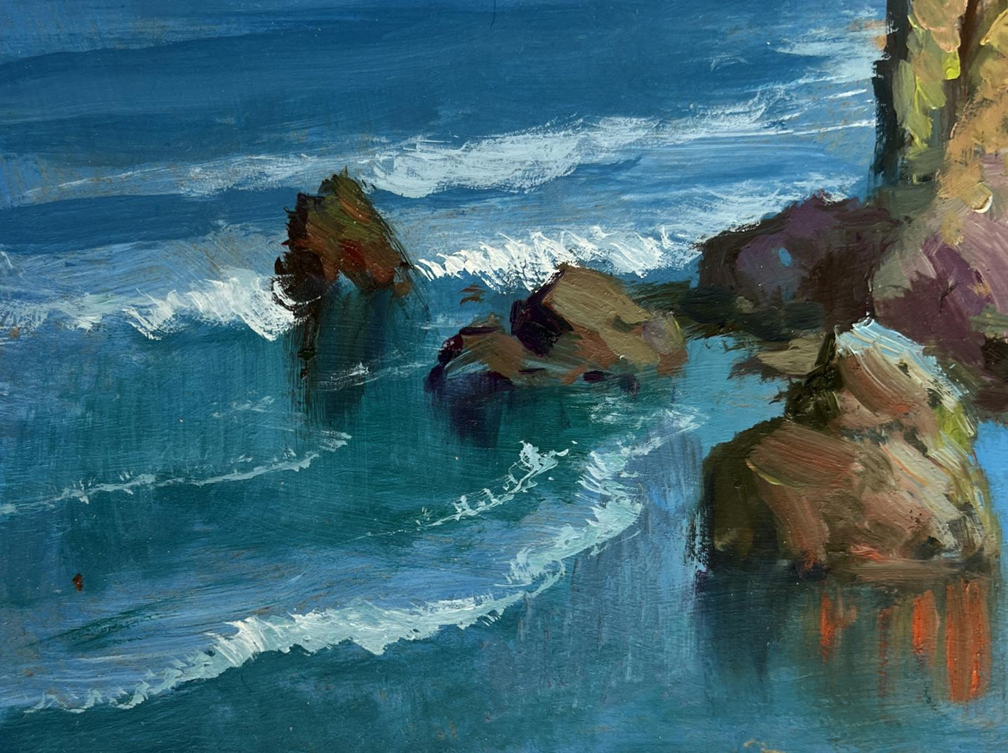 Oil painting by Yuriy Suprunchuk: waves crash against rugged rocks