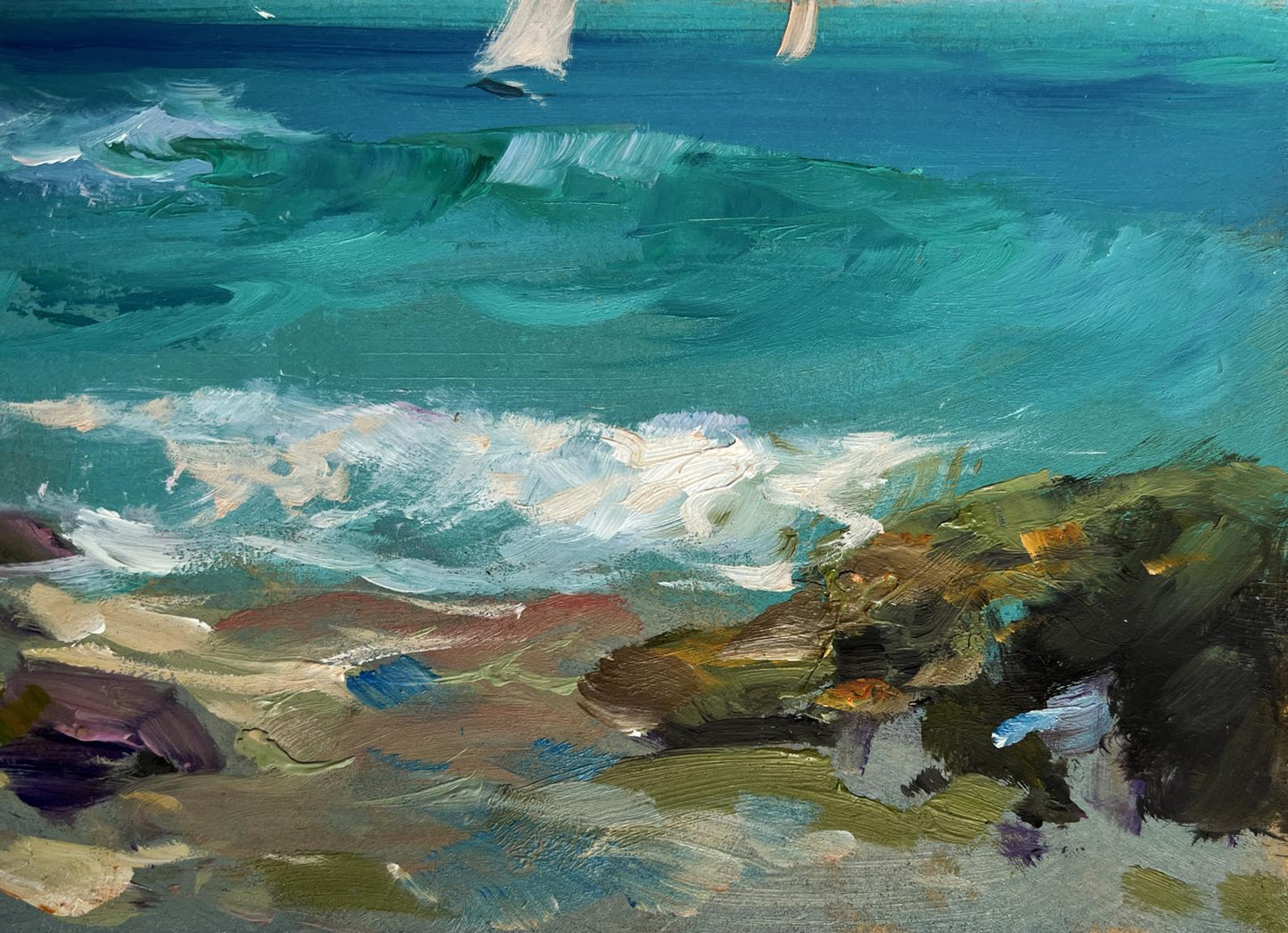 Oil painting of seagulls flying over vibrant turquoise ocean by Yuriy Suprunchuk