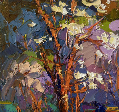 Vibrant oil painting Sunny day at the apiary by Oksana Ivanyuk textured tree