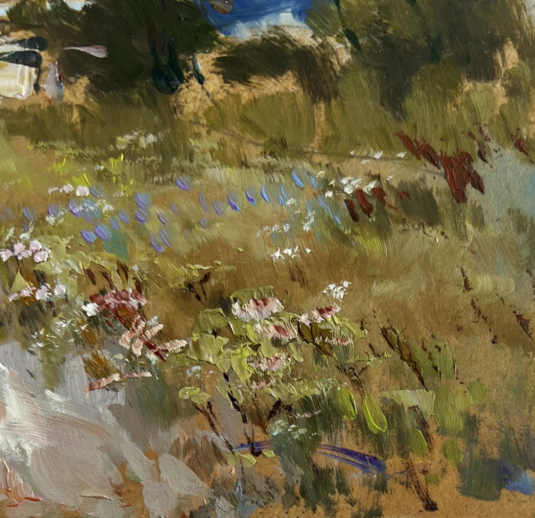 Impressionistic oil painting of sunlit wildflowers near house by Yuriy Suprunchuk