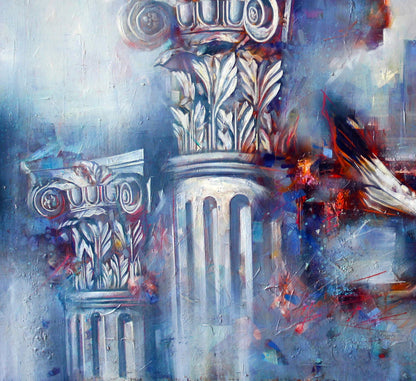 Oil painting Flight over the city by Alexander Dobrodiy with stone columns