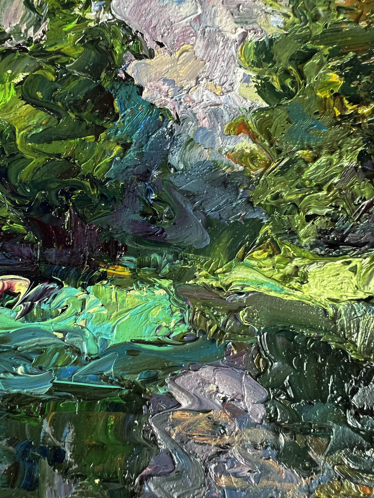 Oil painting Quiet daytime river by Boris Serdyuk, textured green blue yellow brushstrokes