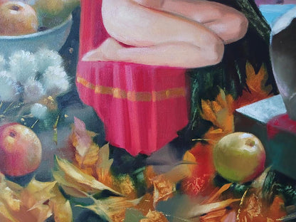 Abstract impressionistic red pleated skirt with gold trim by Anatoly Tarabanov