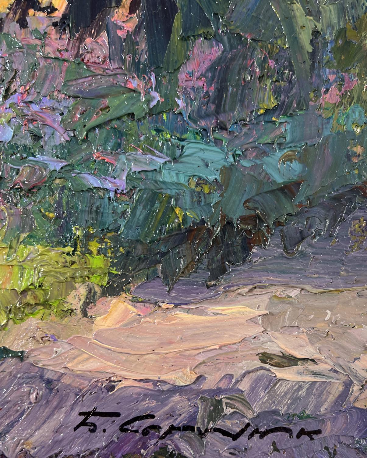 Oil painting Warmth in the Air by Boris Serdyuk, textured impasto greens and purples
