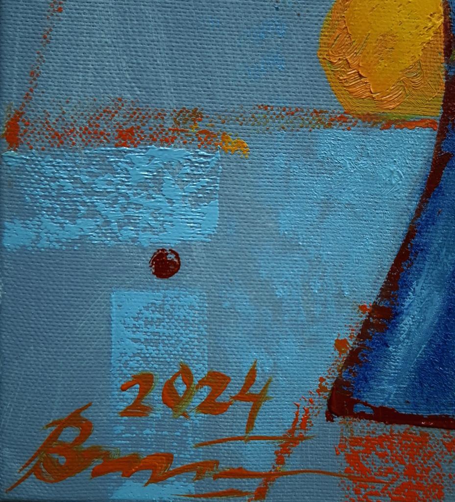 Oil painting Gold fish parade by Sergiy Voichenko, 2024, textured blue canvas