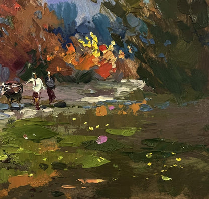 Vibrant impressionist oil painting of autumn forest by Yuriy Suprunchuk