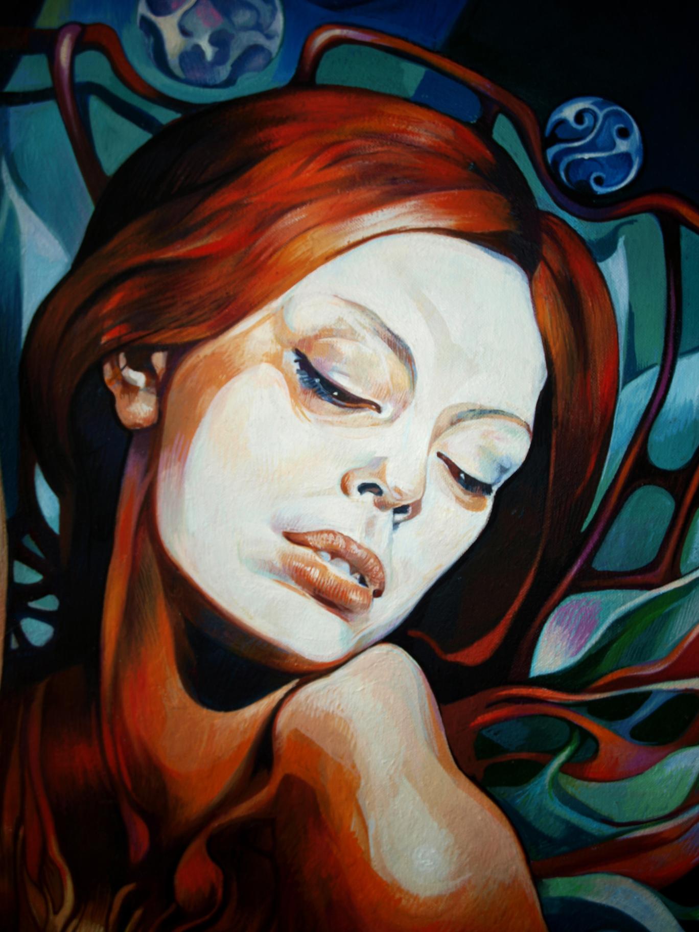 Oil painting Mirror of Consciousness by Konsta G. Amelinn with red-haired woman