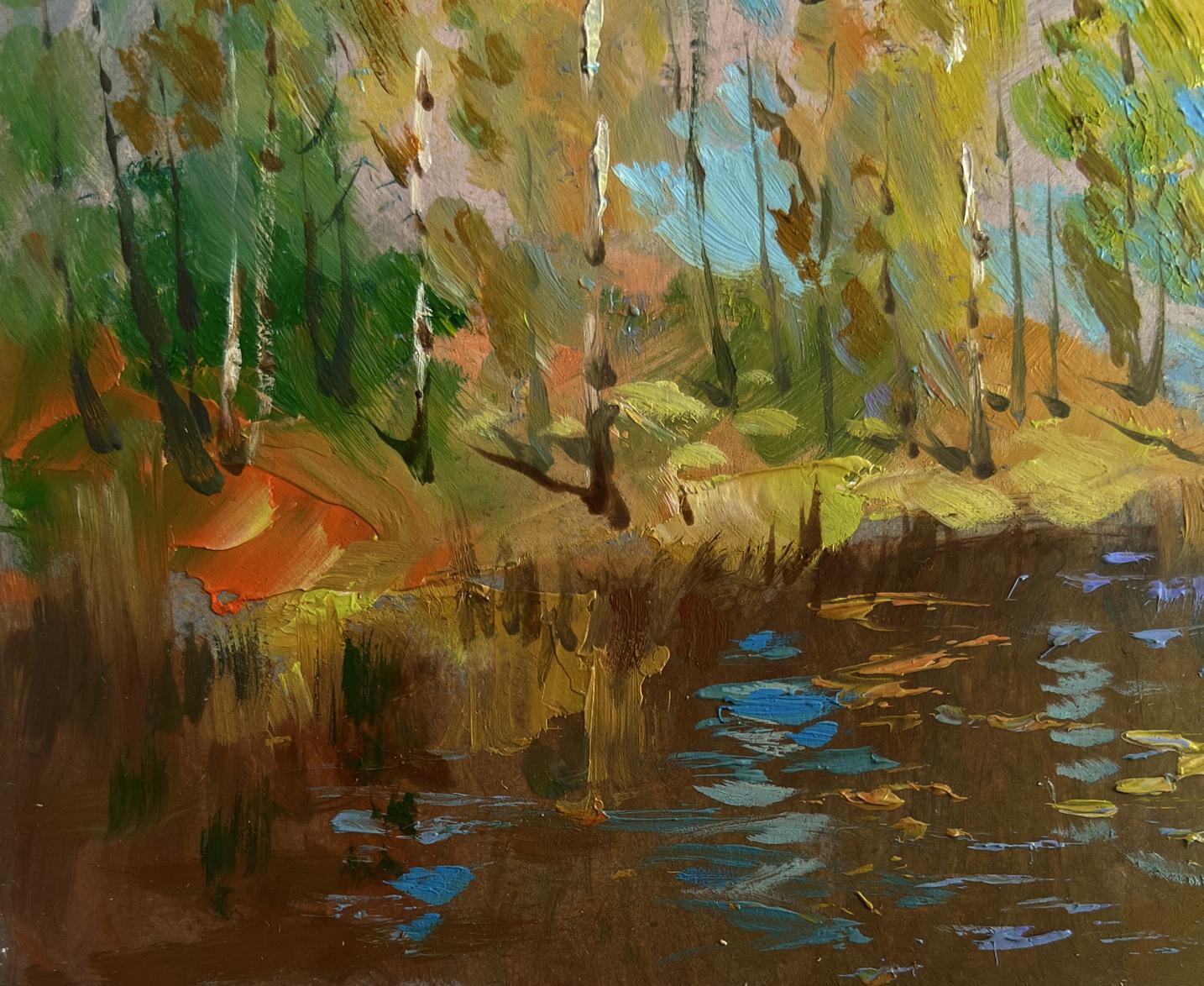 Vibrant impressionist oil painting Reflection of autumn in the river by Yuriy Suprunchuk