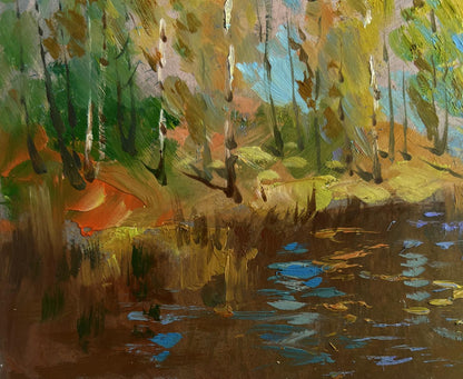 Vibrant impressionist oil painting Reflection of autumn in the river by Yuriy Suprunchuk