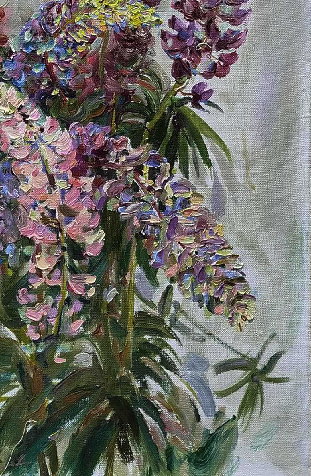 Vibrant oil painting of purple pink yellow lupines by Leonid Pavlenko