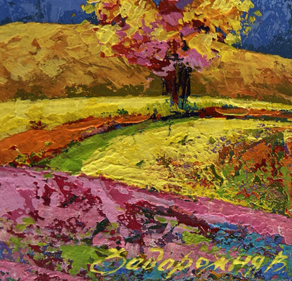 Vibrant impressionist oil painting by V. Zadorozhnya: two trees in field
