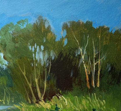 Vibrant impressionist oil painting of river in green forest embrace by Yuriy Suprunchuk
