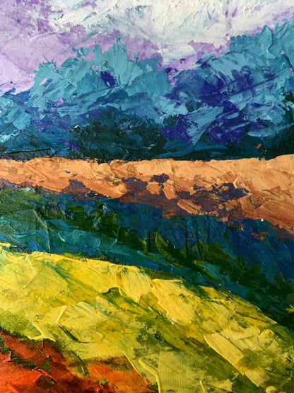 Vibrant impressionist oil painting by V. Zadorozhnya: teal mountains, purple sky, golden fields
