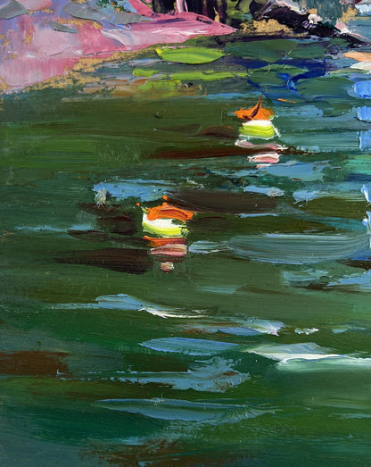 Vibrant impressionist oil painting of summer city river by Yuriy Suprunchuk