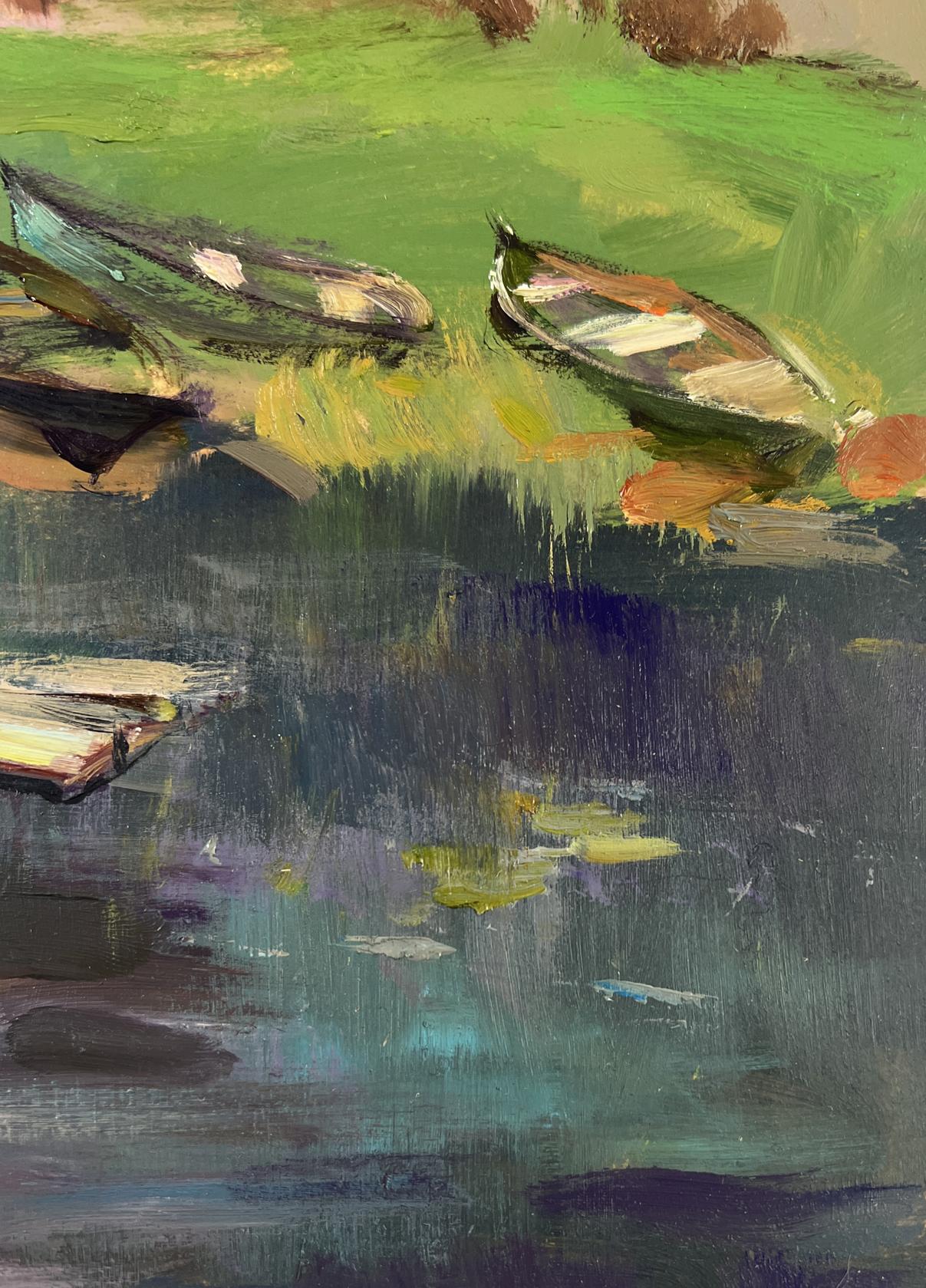 Oil painting of village boat ferry by Yuriy Suprunchuk, rowboats on green shore